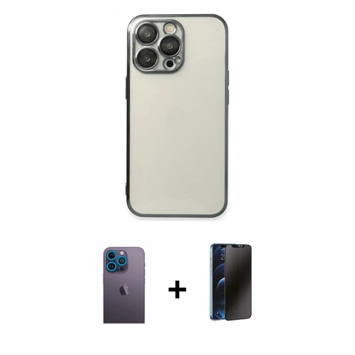MARSİLYAN™- iPhone 13 Pro Max Kılıf Vadi Minimal - Siyah 3D Antistatik Hayalet Cam Ekran Koruyucu + Neon Fosforlu Kamera Lens - MI