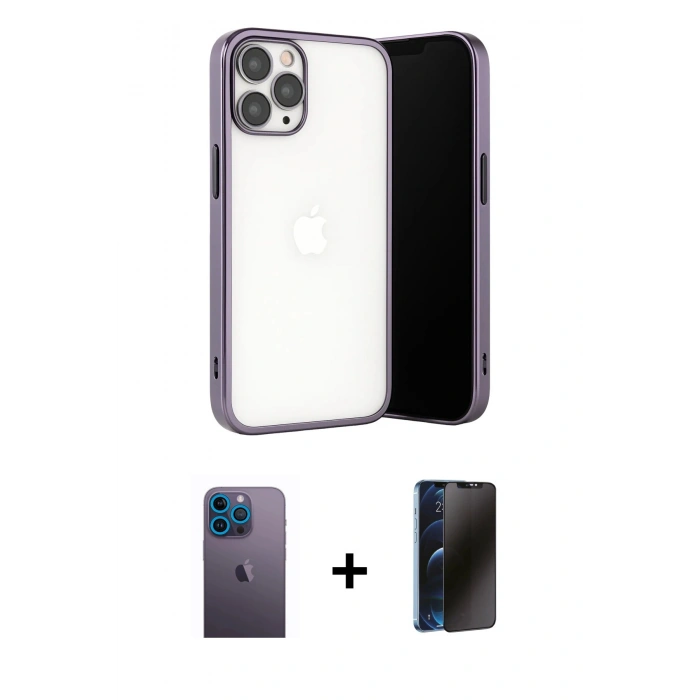 MARSİLYAN™- iPhone 13 Pro Max Kılıf Vadi Minimal - Siyah 3D Antistatik Hayalet Cam Ekran Koruyucu + Neon Fosforlu Kamera Lens - MI