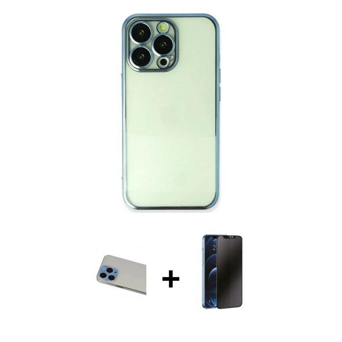 MARSİLYAN™- iPhone 13 Pro Max Kılıf Vadi Minimal - Siyah 3D Antistatik Hayalet Cam Ekran Koruyucu + Rainbow Kamera Lens Koruma Cam - MI