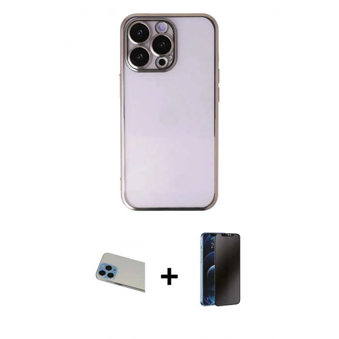 MARSİLYAN™- iPhone 13 Pro Max Kılıf Vadi Minimal - Siyah 3D Antistatik Hayalet Cam Ekran Koruyucu + Rainbow Kamera Lens Koruma Cam - MI