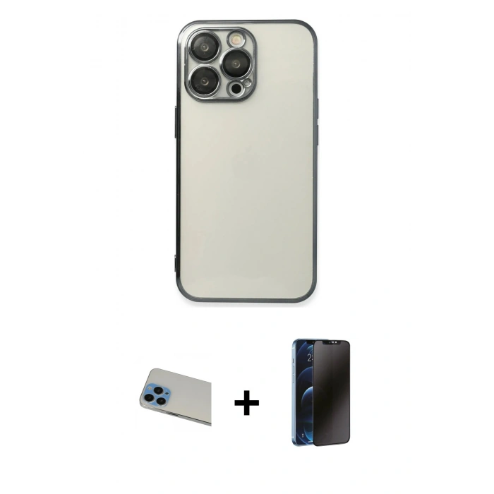 MARSİLYAN™- iPhone 13 Pro Max Kılıf Vadi Minimal - Siyah 3D Antistatik Hayalet Cam Ekran Koruyucu + Rainbow Kamera Lens Koruma Cam - MI