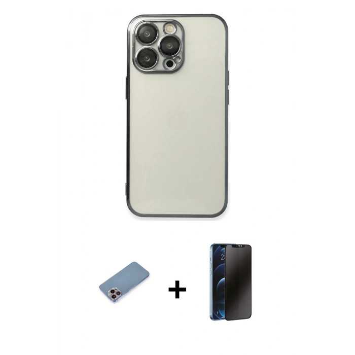 MARSİLYAN™- iPhone 13 Pro Max Kılıf Vadi Minimal - Siyah 3D Antistatik Hayalet Cam Ekran Koruyucu + Shine Kamera Lens Koruma Cam - PE