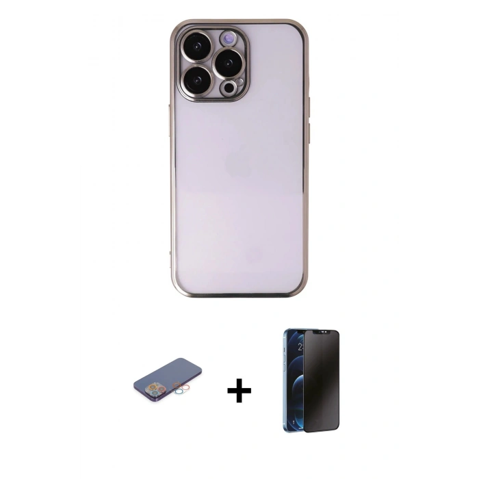 MARSİLYAN™- iPhone 13 Pro Max Kılıf Vadi Minimal - Siyah 3D Antistatik Hayalet Cam Ekran Koruyucu + Renkli Kamera Lens Koruma Cam - PE