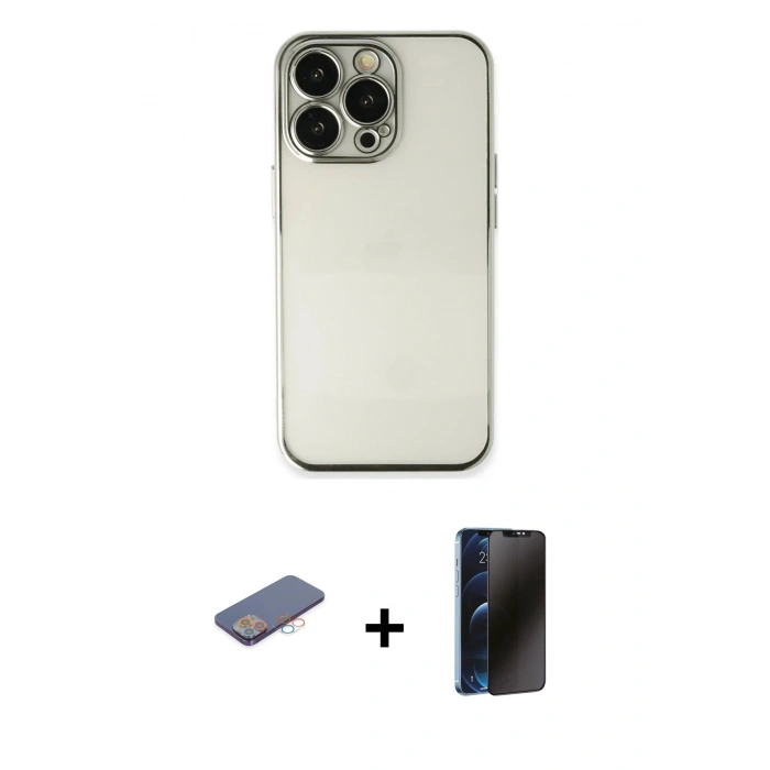 MARSİLYAN™- iPhone 13 Pro Max Kılıf Vadi Minimal - Siyah 3D Antistatik Hayalet Cam Ekran Koruyucu + Renkli Kamera Lens Koruma Cam - PE