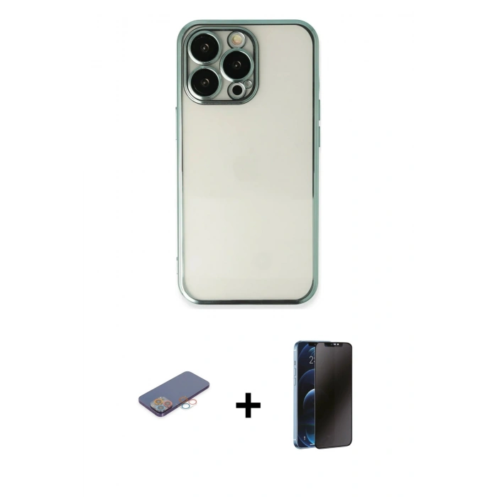 MARSİLYAN™- iPhone 13 Pro Max Kılıf Vadi Minimal - Siyah 3D Antistatik Hayalet Cam Ekran Koruyucu + Renkli Kamera Lens Koruma Cam - PE