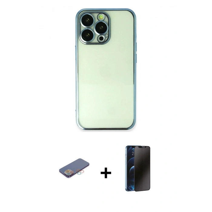 MARSİLYAN™- iPhone 13 Pro Max Kılıf Vadi Minimal - Siyah 3D Antistatik Hayalet Cam Ekran Koruyucu + Renkli Kamera Lens Koruma Cam - PE