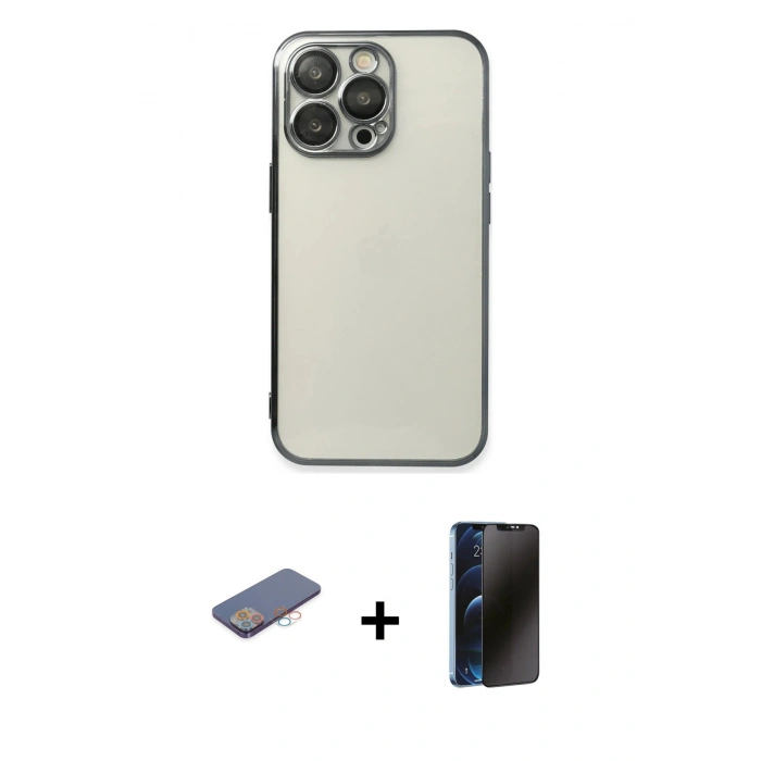 MARSİLYAN™- iPhone 13 Pro Max Kılıf Vadi Minimal - Siyah 3D Antistatik Hayalet Cam Ekran Koruyucu + Renkli Kamera Lens Koruma Cam - PE