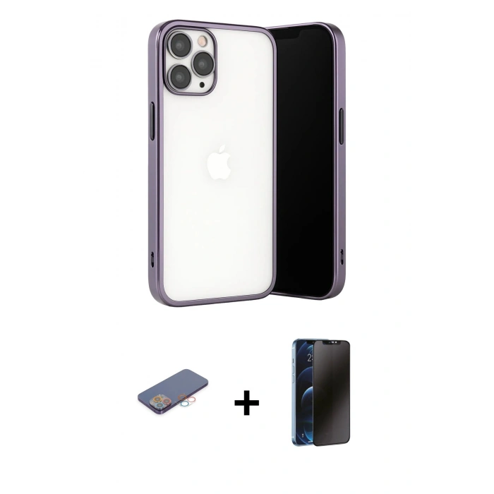 MARSİLYAN™- iPhone 13 Pro Max Kılıf Vadi Minimal - Siyah 3D Antistatik Hayalet Cam Ekran Koruyucu + Renkli Kamera Lens Koruma Cam - PE