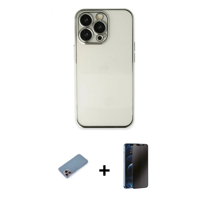 MARSİLYAN™- iPhone 13 Pro Max Kılıf Vadi Minimal - Siyah 3D Antistatik Hayalet Cam Ekran Koruyucu + Shine Kamera Lens Koruma Cam - PE