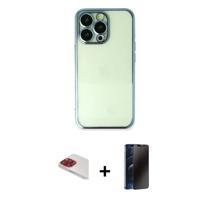 MARSİLYAN™- iPhone 13 Pro Max Kılıf Vadi Minimal - Siyah 3D Antistatik Hayalet Cam Ekran Koruyucu + Pers Alüminyum Kamera Lens - KI