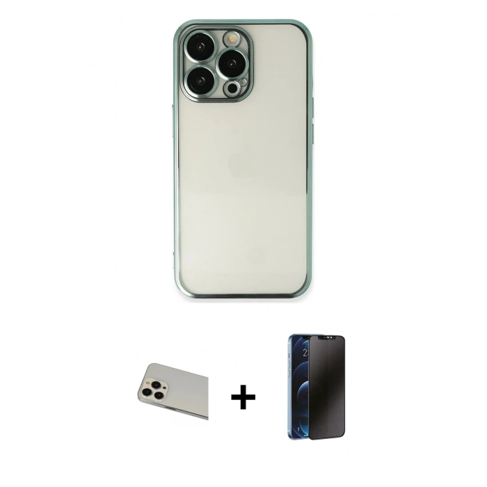 MARSİLYAN™- iPhone 13 Pro Max Kılıf Vadi Minimal - Siyah 3D Antistatik Hayalet Cam Ekran Koruyucu + Rainbow Kamera Lens Koruma Cam - REGD
