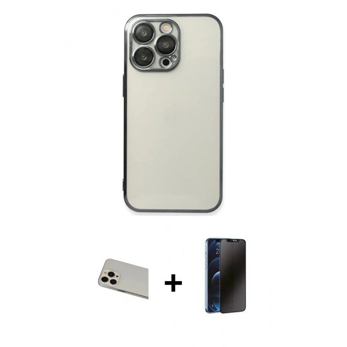 MARSİLYAN™- iPhone 13 Pro Max Kılıf Vadi Minimal - Siyah 3D Antistatik Hayalet Cam Ekran Koruyucu + Rainbow Kamera Lens Koruma Cam - REGD