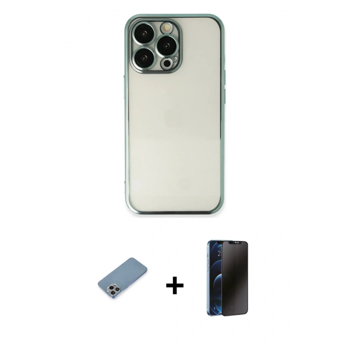 MARSİLYAN™- iPhone 13 Pro Max Kılıf Vadi Minimal - Siyah 3D Antistatik Hayalet Cam Ekran Koruyucu + Shine Kamera Lens Koruma Cam - GI