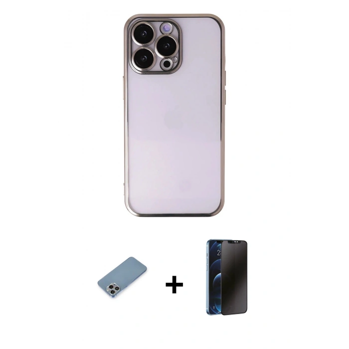 MARSİLYAN™- iPhone 13 Pro Max Kılıf Vadi Minimal - Siyah 3D Antistatik Hayalet Cam Ekran Koruyucu + Shine Kamera Lens Koruma Cam - GI