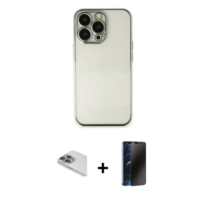 MARSİLYAN™- iPhone 13 Pro Max Kılıf Vadi Minimal - Siyah 3D Antistatik Hayalet Cam Ekran Koruyucu + Pers Alüminyum Kamera Lens - SABE