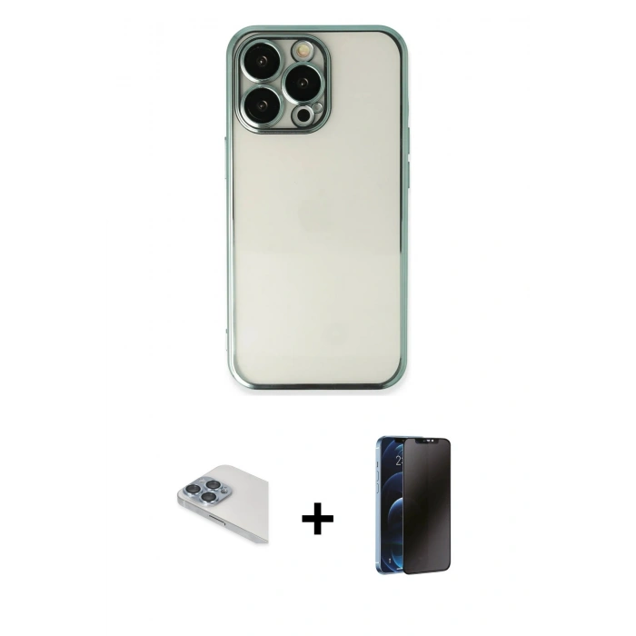 MARSİLYAN™- iPhone 13 Pro Max Kılıf Vadi Minimal - Siyah 3D Antistatik Hayalet Cam Ekran Koruyucu + Pers Alüminyum Kamera Lens - SABE