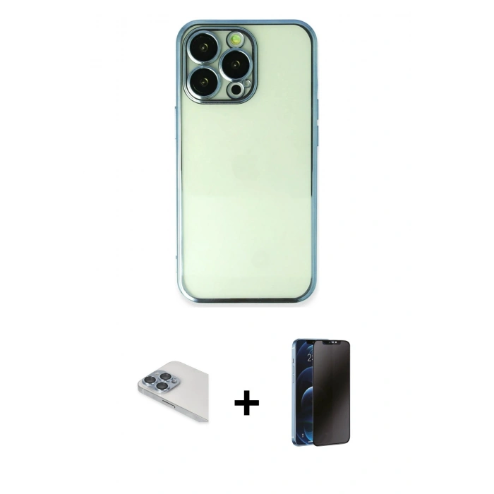 MARSİLYAN™- iPhone 13 Pro Max Kılıf Vadi Minimal - Siyah 3D Antistatik Hayalet Cam Ekran Koruyucu + Pers Alüminyum Kamera Lens - SABE