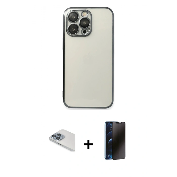 MARSİLYAN™- iPhone 13 Pro Max Kılıf Vadi Minimal - Siyah 3D Antistatik Hayalet Cam Ekran Koruyucu + Pers Alüminyum Kamera Lens - SABE