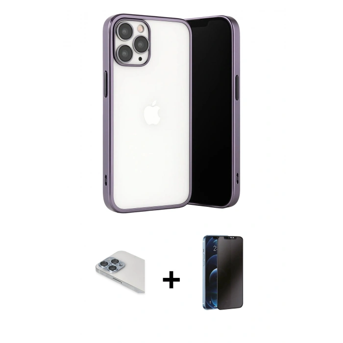 MARSİLYAN™- iPhone 13 Pro Max Kılıf Vadi Minimal - Siyah 3D Antistatik Hayalet Cam Ekran Koruyucu + Pers Alüminyum Kamera Lens - SABE