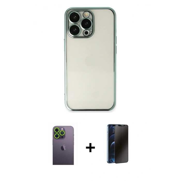 MARSİLYAN™- iPhone 13 Pro Max Kılıf Vadi Minimal - Siyah 3D Antistatik Hayalet Cam Ekran Koruyucu + Neon Fosforlu Kamera Lens - YL