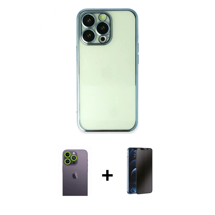 MARSİLYAN™- iPhone 13 Pro Max Kılıf Vadi Minimal - Siyah 3D Antistatik Hayalet Cam Ekran Koruyucu + Neon Fosforlu Kamera Lens - YL