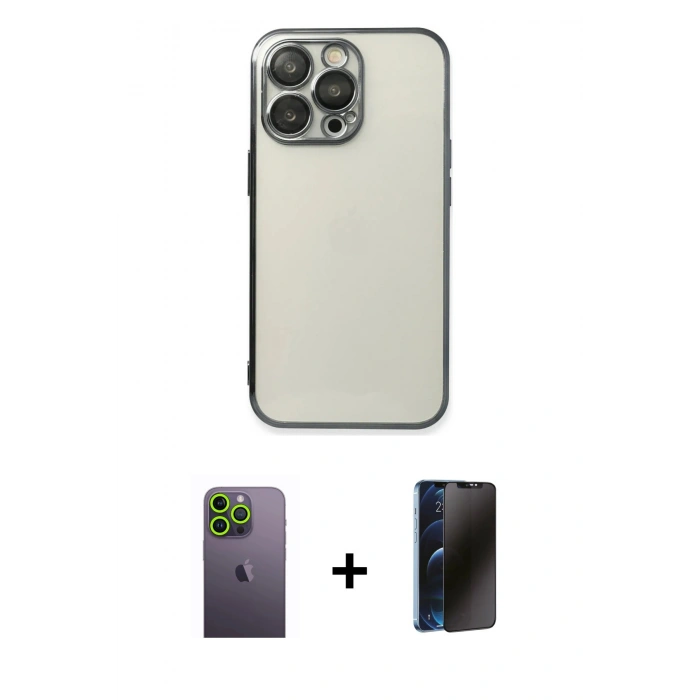 MARSİLYAN™- iPhone 13 Pro Max Kılıf Vadi Minimal - Siyah 3D Antistatik Hayalet Cam Ekran Koruyucu + Neon Fosforlu Kamera Lens - YL