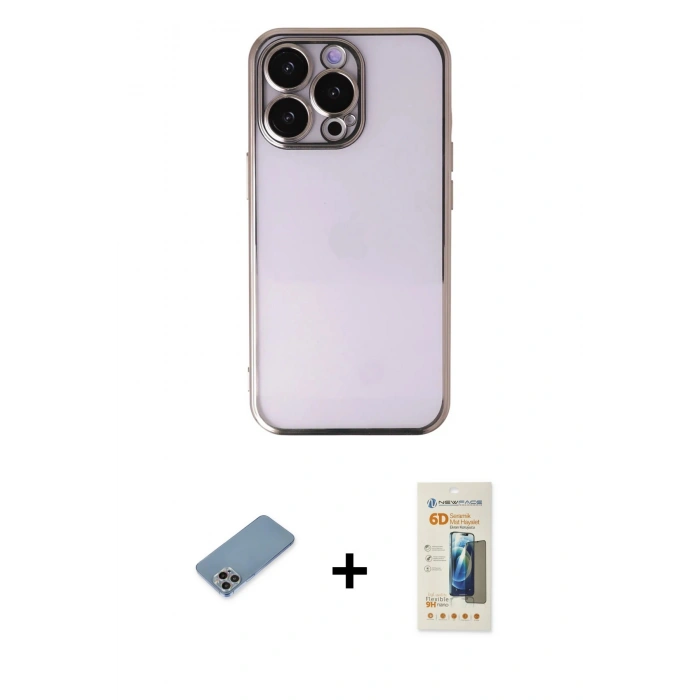 MARSİLYAN™- iPhone 13 Pro Max Kılıf Vadi Minimal - Siyah 6D Mat Seramik Hayalet Nano Ekran Koruyucu + Gökkuşağı Shine Kamera Lens Koruma Cam