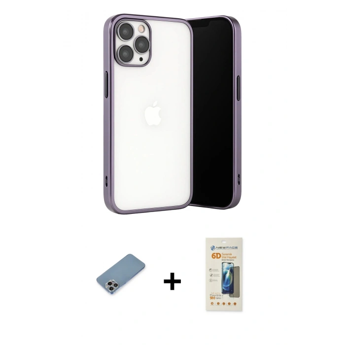 MARSİLYAN™- iPhone 13 Pro Max Kılıf Vadi Minimal - Siyah 6D Mat Seramik Hayalet Nano Ekran Koruyucu + Gökkuşağı Shine Kamera Lens Koruma Cam