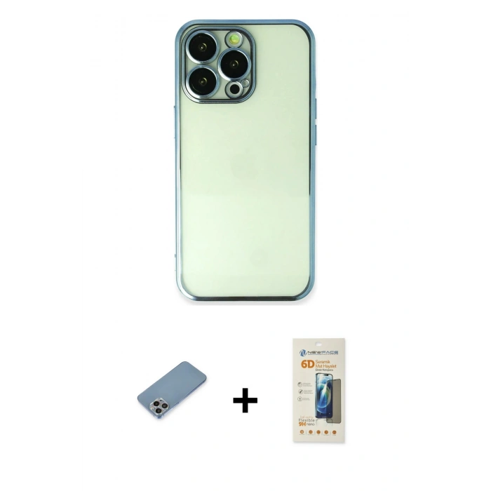 MARSİLYAN™- iPhone 13 Pro Max Kılıf Vadi Minimal - Siyah 6D Mat Seramik Hayalet Nano Ekran Koruyucu + Gökkuşağı Shine Kamera Lens Koruma Cam