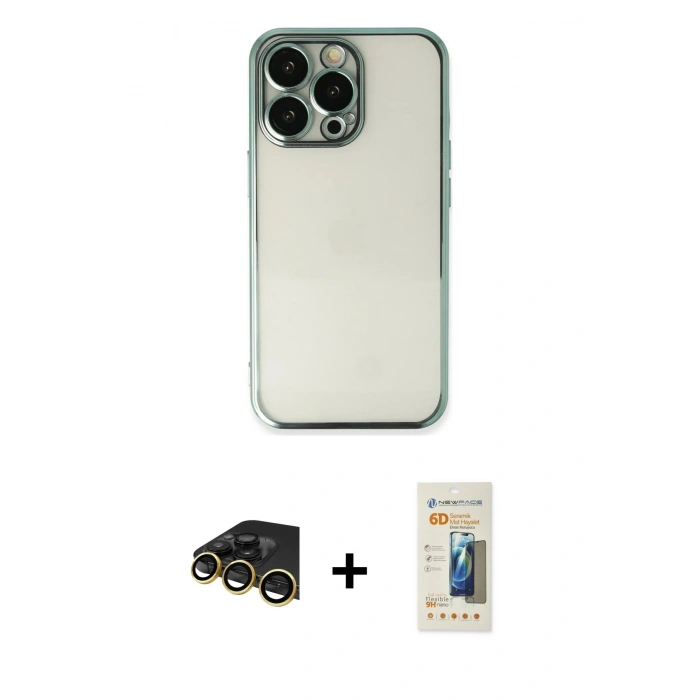 MARSİLYAN™- iPhone 13 Pro Max Kılıf Vadi Minimal - Siyah 6D Mat Seramik Hayalet Nano Ekran Koruyucu + Raze Metal Kamera Lens - GD