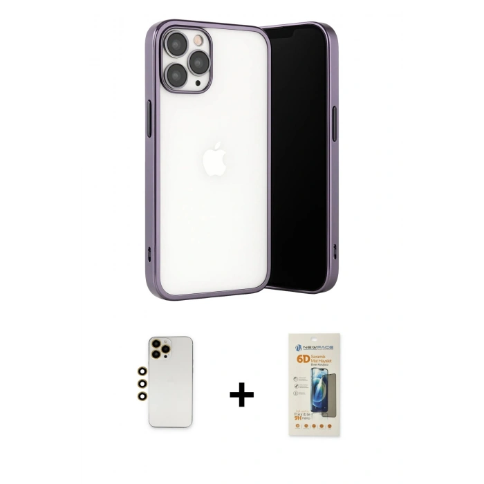 MARSİLYAN™- iPhone 13 Pro Max Kılıf Vadi Minimal - Siyah 6D Mat Seramik Hayalet Nano Ekran Koruyucu + Shine Kamera Lens - GD