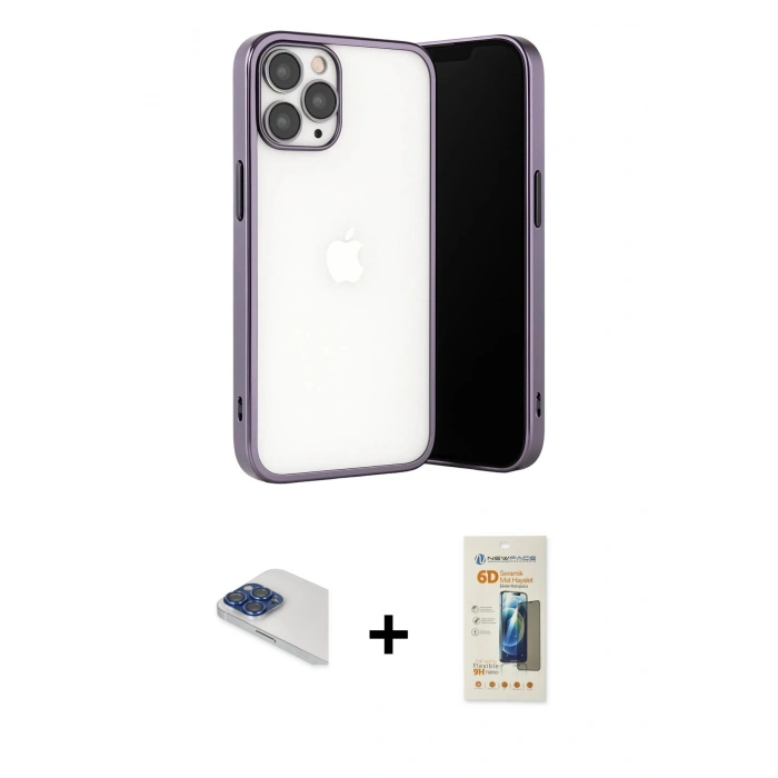 MARSİLYAN™- iPhone 13 Pro Max Kılıf Vadi Minimal - Siyah 6D Mat Seramik Hayalet Nano Ekran Koruyucu + Lacivert Pers Alüminyum Kamera Lens