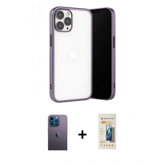 MARSİLYAN™- iPhone 13 Pro Max Kılıf Vadi Minimal - Siyah 6D Mat Seramik Hayalet Nano Ekran Koruyucu + Mavi Neon Fosforlu Kamera Lens