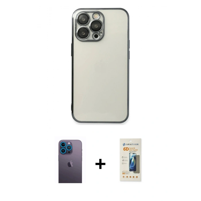 MARSİLYAN™- iPhone 13 Pro Max Kılıf Vadi Minimal - Siyah 6D Mat Seramik Hayalet Nano Ekran Koruyucu + Mavi Neon Fosforlu Kamera Lens