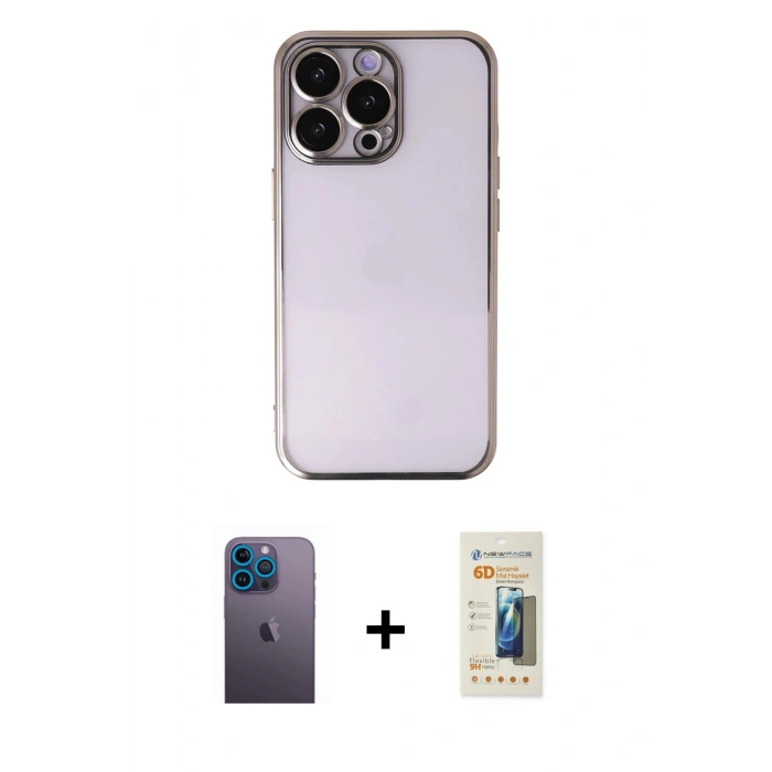 MARSİLYAN™- iPhone 13 Pro Max Kılıf Vadi Minimal - Siyah 6D Mat Seramik Hayalet Nano Ekran Koruyucu + Mavi Neon Fosforlu Kamera Lens