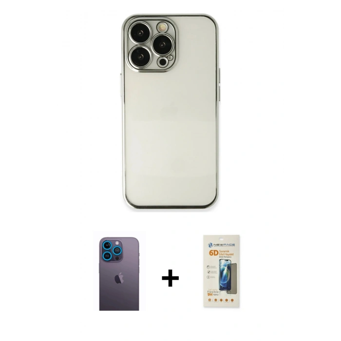 MARSİLYAN™- iPhone 13 Pro Max Kılıf Vadi Minimal - Siyah 6D Mat Seramik Hayalet Nano Ekran Koruyucu + Mavi Neon Fosforlu Kamera Lens
