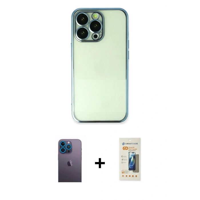 MARSİLYAN™- iPhone 13 Pro Max Kılıf Vadi Minimal - Siyah 6D Mat Seramik Hayalet Nano Ekran Koruyucu + Mavi Neon Fosforlu Kamera Lens