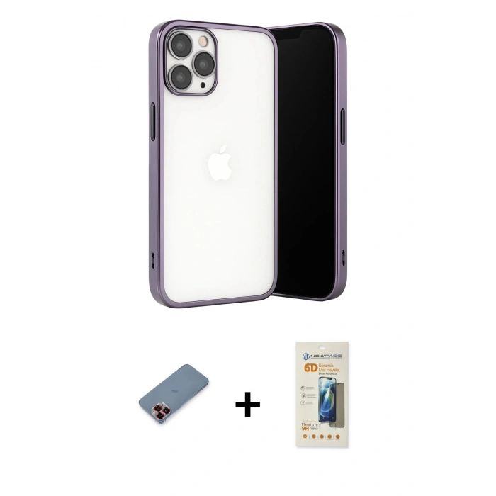 MARSİLYAN™- iPhone 13 Pro Max Kılıf Vadi Minimal - Siyah 6D Mat Seramik Hayalet Nano Ekran Koruyucu + Metal Kamera Lens Koruma Cam - KI