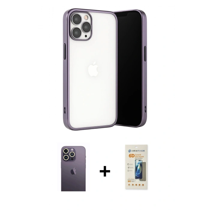 MARSİLYAN™- iPhone 13 Pro Max Kılıf Vadi Minimal - Siyah 6D Mat Seramik Hayalet Nano Ekran Koruyucu + Neon Fosforlu Kamera Lens - BZ