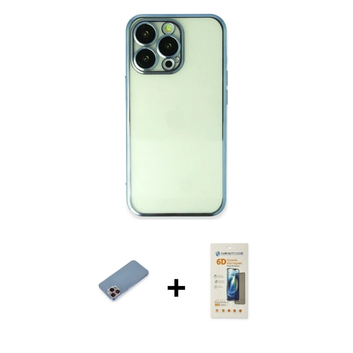 MARSİLYAN™- iPhone 13 Pro Max Kılıf Vadi Minimal - Siyah 6D Mat Seramik Hayalet Nano Ekran Koruyucu + Pembe Shine Kamera Lens Koruma Cam