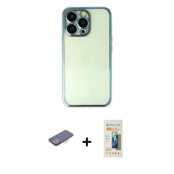 MARSİLYAN™- iPhone 13 Pro Max Kılıf Vadi Minimal - Siyah 6D Mat Seramik Hayalet Nano Ekran Koruyucu + Renkli Kamera Lens Koruma Cam - PE