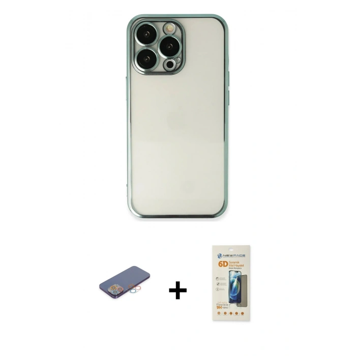 MARSİLYAN™- iPhone 13 Pro Max Kılıf Vadi Minimal - Siyah 6D Mat Seramik Hayalet Nano Ekran Koruyucu + Renkli Kamera Lens Koruma Cam - PE