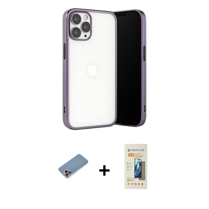 MARSİLYAN™- iPhone 13 Pro Max Kılıf Vadi Minimal - Siyah 6D Mat Seramik Hayalet Nano Ekran Koruyucu + Pembe Shine Kamera Lens Koruma Cam