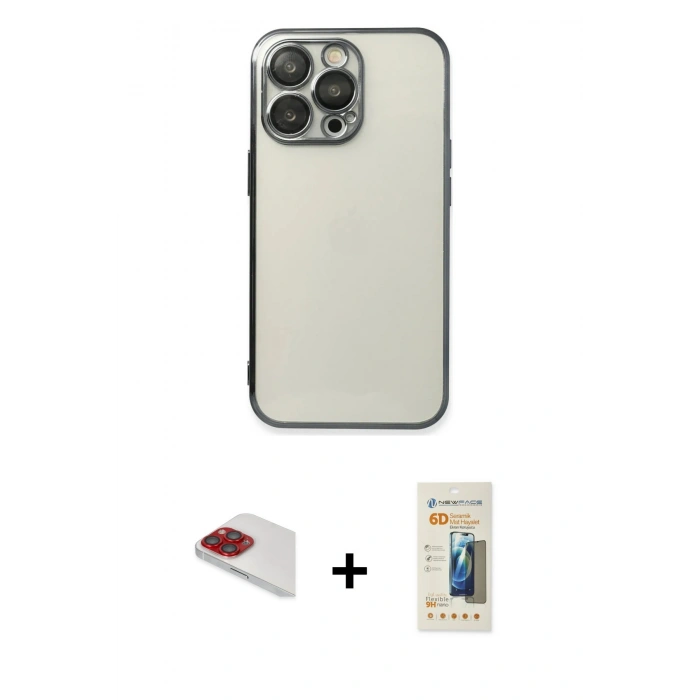 MARSİLYAN™- iPhone 13 Pro Max Kılıf Vadi Minimal - Siyah 6D Mat Seramik Hayalet Nano Ekran Koruyucu + Pers Alüminyum Kamera Lens - KI