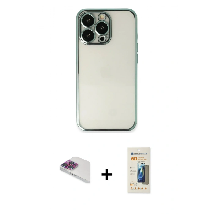 MARSİLYAN™- iPhone 13 Pro Max Kılıf Vadi Minimal - Siyah 6D Mat Seramik Hayalet Nano Ekran Koruyucu + Pers Alüminyum Kamera Lens - GI