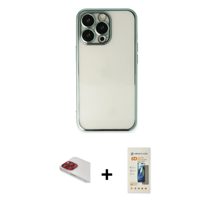 MARSİLYAN™- iPhone 13 Pro Max Kılıf Vadi Minimal - Siyah 6D Mat Seramik Hayalet Nano Ekran Koruyucu + Pers Alüminyum Kamera Lens - KI