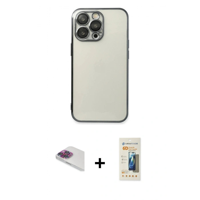 MARSİLYAN™- iPhone 13 Pro Max Kılıf Vadi Minimal - Siyah 6D Mat Seramik Hayalet Nano Ekran Koruyucu + Pers Alüminyum Kamera Lens - GI