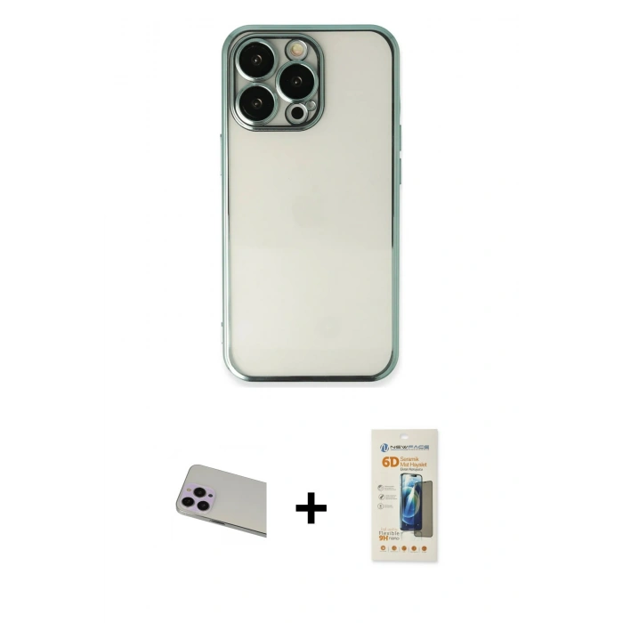 MARSİLYAN™- iPhone 13 Pro Max Kılıf Vadi Minimal - Siyah 6D Mat Seramik Hayalet Nano Ekran Koruyucu + Rainbow Kamera Lens Koruma Cam - MR