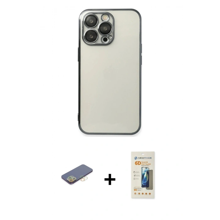 MARSİLYAN™- iPhone 13 Pro Max Kılıf Vadi Minimal - Siyah 6D Mat Seramik Hayalet Nano Ekran Koruyucu + Renkli Kamera Lens Koruma Cam - SI