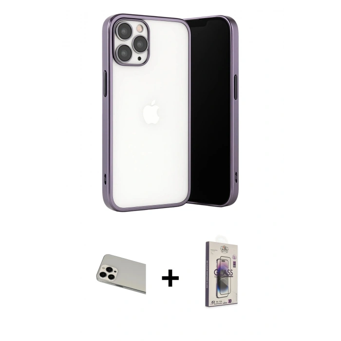 MARSİLYAN™- iPhone 13 Pro Max Kılıf Vadi Minimal - Siyah Bilvis 3D Cam Ekran Koruyucu + Rainbow Kamera Lens Koruma Cam - BZ